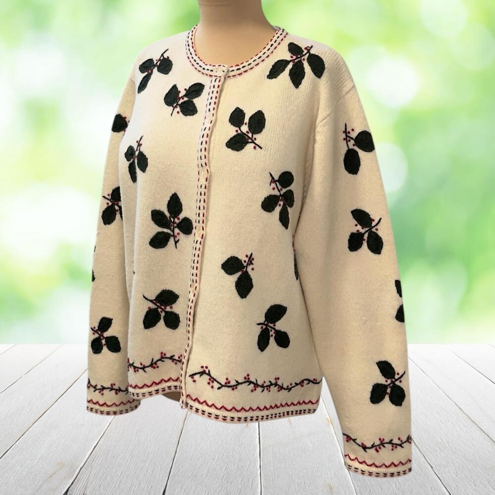 Vtg TALBOTS Christmas Cardigan Sweater Embroidered Holly Berry Lambswool Sz XL